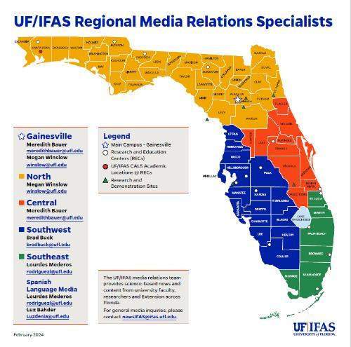 graphic of PDF showing names and contact information for UF IFAS media specialists